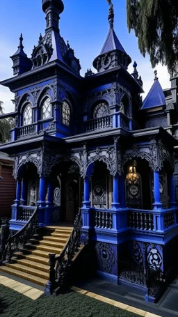 A blackish violet haunted mansion with robotic ghouls designed in Mehndi design painted by Frank Wilson