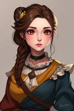 A pretty fantasy girl, hazel hair, intelligent, historical, colourful clothes, middle-aged, digital art, stylised