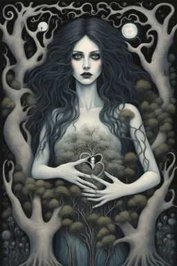 A painting depicting a surreal ghostly woman with ghostly white skin in Tim Burton style, high details, surrounded by various strange mystic trees. Her eyes are close open, and her is long messy dark hair. she holding a black heart, adding a unique surreal and sinister style to the artwork, etheral, weird plants, otherworldly, dark mood