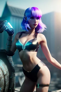 Futuristic fantasy character, portrait from waist up, pale skin, latex and leather attire, blue eyes, multicolor hair, intricate eyeliner, vibrant eyeshadow, clear completion, soft lighting, 4k resolution, intricate details, insanely detailed, colorful cityscape background, masterpiece, expert, cinematic smooth, retroanime style, realistic details, no helmet