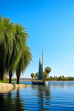 A palm tree on the river bank and on the other side of the river a sailing boat , great photography, 8k , high quality. A beautiful clear blue sky in the background