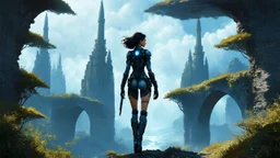 Full Body Photo Of A Sci-Fi Girl, With Dark Hair, On An Alien Sci-Fi Jungle Planet With Cloud Trees, Tall Spires, Bridges, Arches, Chris Foss