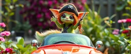 totally symmetric fluffy gremlin slug nice cheerleader pirate puppet in plastic car in garden doing her thing full body portrait T-pose