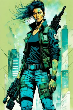 create a full body portrait illustration of an athletic cyberpunk samurai female police detective with prosthetic arm in flak vest, with highly detailed , sharply defined feminine facial features, in a chaotic, turbulent, otherworldly Tokyo in the comic art style of BILL SIENKIEWICZ and JEAN GIRAUD MOEBIUS, searing lines and forceful strokes, precisely drawn, inked, and darkly colored