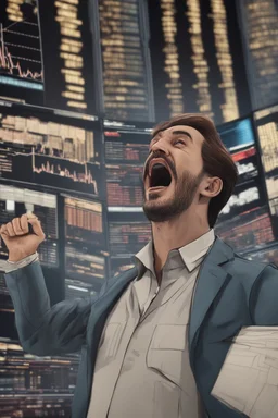 A 3d animated guy screaming with joy as the stock market climbes, 8k, highly detailed