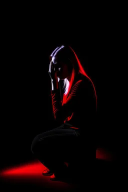 Image of a woman sitting alone, surrounded by shadowy figures whispering in her ear, suggesting the influence of manipulation and dark psychology on individual perceptions of attractiveness Give it a very dark frightening vibe. Use black and red theme.