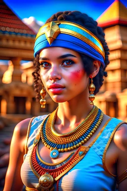 ortrait of a beautiful pharaonic girl, pyramids in the background, cute face, finely detailed, ARRI, 55mm, amazing detail, beautiful colors, trending on artstation, sharp focus, studio shot, intricate detail, highly detailed, by WLO, by Greg Rutkowsk, popular Artstation, sharp focus, photo studio, complex de