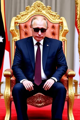 Front view image of Putin sitting on a throne, wearing sunglasses