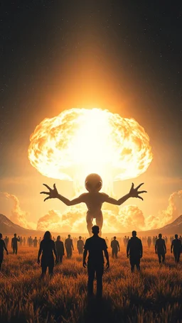 A field of random people in a bright lighting , at the end of the picture the universe with stars sky background with a huge nuke explosion behind the explosion a very large open arms dark scary alien