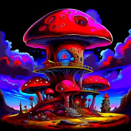 A fantabulous black, red, and blue (((mushroom tower house))) erected atop a (geologic pillar), surrounded by the uncanny imaginative ((( swirling skies))), offset by the stark hues of a (neon-tinged nebulous space scape), within. captured by the hand a skilled master painter with a focus on (softly blurred compositions and voluminous lighting).