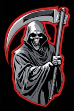 Grim-Reaper gripping scythe with both hands, vignette, black and white vector with a red outline, and black background, biker style