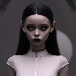 Jenna ortega black dress,soft goth libstick, wednesday addams family make up, brad double wig, dramatic lighting, highly detailed, volumetric lighting, unreal engine, 8k