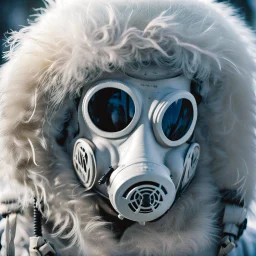 close up documentary photography, Yeti In a Respirator, winter, Alberta, all-natural, in the style of candid, imperfection, natural lighting, light-focused, amateur shot, shot on Agfa, taken with Hasselblad --ar 4:5 --w 150 --style raw