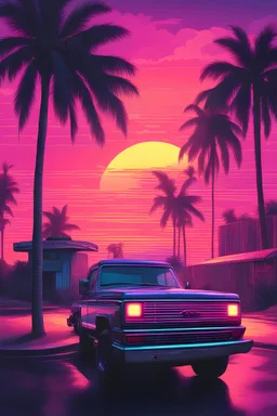 Retro wave, synth wave, with neon light, sunset, clouds, palm trees, 1980's style ford truck parked sideways on street