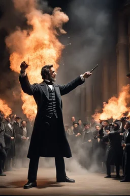 Create a powerful visual representation of the moment Booth fires a single shot into the back of Abraham Lincoln's head. Convey the shock and chaos among the audience as the gunshot reverberates through the theater