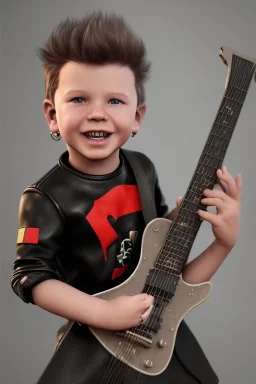 James hetfield toddler, full body, playing guitar, black leather wearing, bokeh,hyper realistic