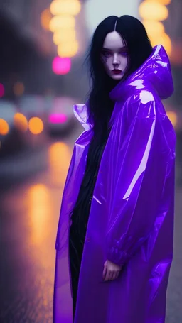 painting by koson ohara and marta bevacqua, portrait of a beautiful goth woman with long black hair, wearing a plastic raincoat, purple neon lighting, 8k, high quality, highly detailed