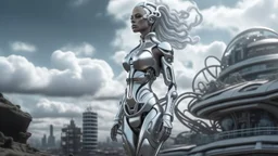 three-quarter view of a woman in a silver robotic catsuit standing in a futuristic derelict city with mushrooms with tentacles, floating in the sky