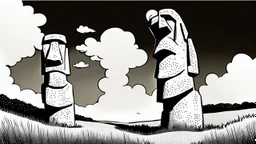 moai, manga, monochrome, black background, sketch, simple, maximum quality, broken hinge, barely functioning, centered on frame, far view, in the middle of a grassy hill, white sky with cumulonimbus