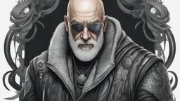 Old man, big beard, Bald hair, in cyberpunk drawing, venom model , intricate details, highly detailed, high details, detailed portrait, masterpiece,ultra detailed, ultra quality