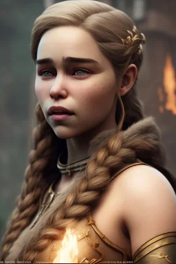 emilia clarke, viking clothes, realistic, unreal engine, cinematic lighting, octane render, particles fire, particles fog, particles smoke,