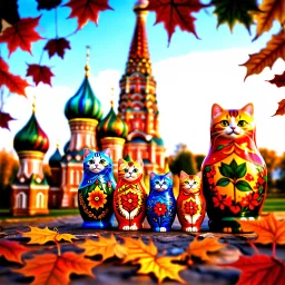 create richly detailed Russian Matryoshka cats in vibrant hues, decorated with intricate patterns, positioned by size in front of Saint Basil’s Cathedral, surrounded by falling autumn leaves, glowing sky, cinematic warm tones, ultra-realistic 8K --v 7