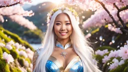 Portrait of a gorgeous smiling asian goddess with a golden dark skin, long smooth white hair, blue eyes, in a sci-fi outfit with luminous strikes in a hill of flowers with sakura trees, a small torrent, loads of mini flowers, moss, sun rays through the branches, particles in the air at spring