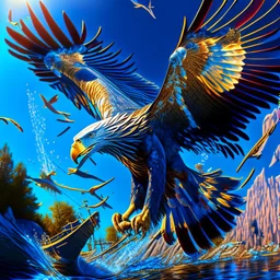 Aguila pescadora con pez grande en sus garras, intrincada, hiperdetallada, colores contrastantes, sombras, clima soleado, cielo azul claro, 8k