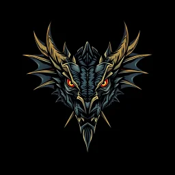 centered looking the camera crepy stunning dragon head on black background,, dark fantasy, , centered, 2d logo art,, detalied, professional, alcohol ink, strong thick line art, vector graphics, dark mood, realistic, deep colors, cinematic