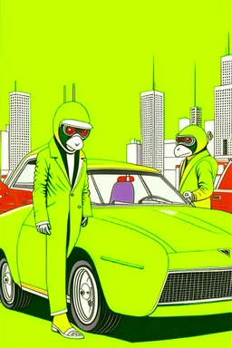 YELLOW LAMBOURGHINI APES PENGUINS AND ROBOTS in the style of Hiroshi Nagai