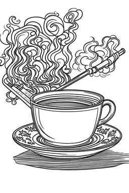 Outline art for coloring page, A SHORT LIT CIGARETTE WITH WHISPS OF SMOKE ON A SAUCER NEXT TO A JAPANESE CHAWAN TEACUP, coloring page, white background, Sketch style, only use outline, clean line art, white background, no shadows, no shading, no color, clear
