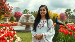 Hyper Realistic Photographic Long View Of A Beautiful Pashto Woman (With Beautiful Eyes Lips & Nose, & Long Black Hair; Wearing White Frock With Maroon Embroidery) Happily Standing & Smiling In A Beautiful Colorful Flower Garden With Red & White Tulips With Fancy Stone Water Fountain & A Peacock (With Colorful Wings) Walking On The Grass Around Her At Beautiful Cloudy Sunny Day Showing Dramatic & Cinematic Ambiance.