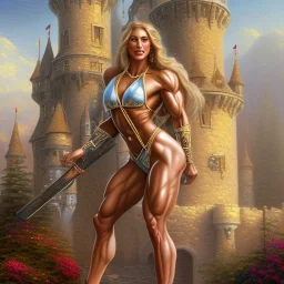 blonde female bodybuilder, castle fortress by thomas kinkade gerald brom whelan