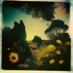 Polaroid photo of a peaceful marvelous landscape, trees, flowers, giant sun, very spooky figure, intricate, rock formations, atmosphere of a Max Ernst painting, Henri Rousseau, thoughtful, interesting, a bit appalling, smooth