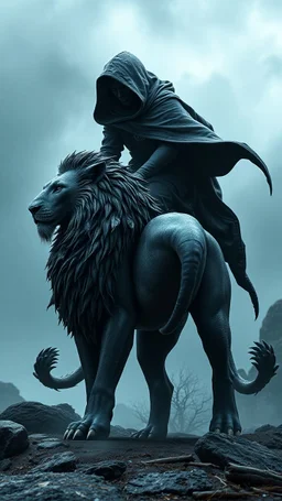A black hooded creature riding on lion a hyper details texturing of fullbody the skin realistic textures skin a lion .bcomplex details, extremely, ultra rendering, it is standing admist darkness realms floors with stormy cloudy weather,
