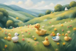 hills with duck dolls in summer. like oil painting