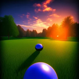 blue sphere on the left, green meadow, sunset, photorealistic, 8k