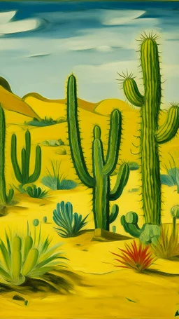 A yellow desert with cactuses painted by Pablo Picasso