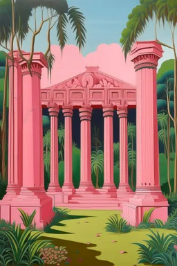 A pink ruins with pillars designed in Australian aboriginal art painted by Henri Rousseau
