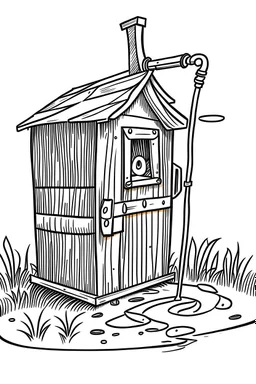 Draw the an outhouse hanging over a bottomless pit by a rope in the style of a comic book or in the style of a vector graphic.