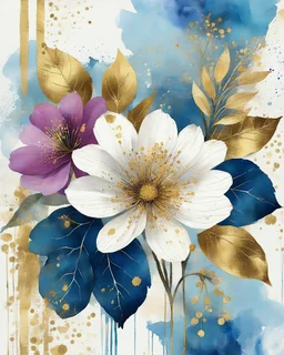 Floral illustration merges with vintage text, abstract art, wabi-sabi philosophy embracing imperfection, classic textured backdrop with purposeful scratches, distressed elements, chic elegance in a palette dominated by white, enriched with gold accents and subtle blue and magenta details, golden outlines flower in background conveying a sense of luxury, executed with watercolor softness, neutral elegance, soft textures, digital painting, ultra fine, masterpiece.