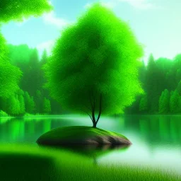 beautiful green Tree, in front of a lake, photorealistic