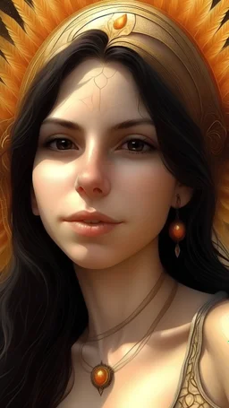 Genera una obra de arte al estilo renacentista que represente mi figura completa, incorporando mi rostro según la imagen adjunta. Quisiera ser retratado/a como la diosa del sol, con una corona resplandeciente de rayos en la cabeza. La escena debe transmitir una sensación de sensualidad y elegancia, capturando la esencia seductora de la diosa del sol. Presta atención a los detalles de la corona, la iluminación y la postura para realzar el tono majestuoso y atractivo de la representación."