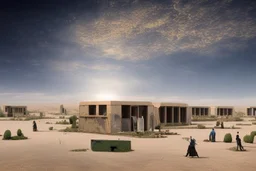 could you please create a visual image for an design project of different areas in a Holistic and Sustainable R comunal Spaces, Education and Job Training Centers, Integration of Mental Health Support' by the Rafah boarder in the dessert with living pods around it