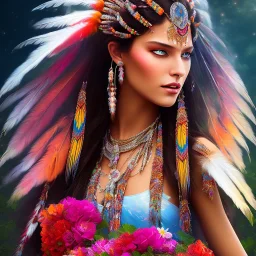 bright native american fairy, beautiful portrait, flowery landscape