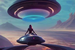 beautiful woman riding inside flying saucer over future alien city