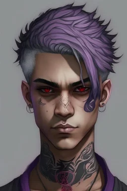 Light brown skin, red eyes, straight short purple-grey hair, snake tattoo on neck, black clothes, round face, teenager