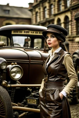 young woman with straight shoulder-length hair, dressed in brown leather trousers and waistcoat, leather gloves and a fascinator in an old industrial courtyard, next to a steampunk steam car on a summers day