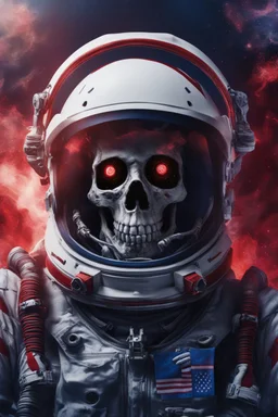 A close up of a skeleton face in an astronaut helmet and suit floating in space. inside the hollow eyes are red shining lights, scary. On his suit is an American flag and in his one hand is a small wavering American hand flag. From the back of his suit is blowing out blue, white and red smoke. Realistic, 8k, highly detailed, funny