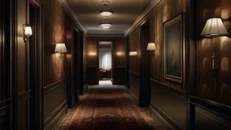 Generate an image of the hotel's interior, now transformed into a museum, with dimly lit hallways, faded wallpaper, and a sense of mystery and melancholy